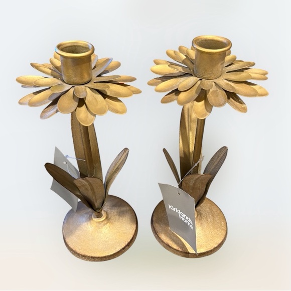 Kirklands Other - NWT Set of Kirklands Distressed Gold Metal Floral 9” Taper Candle Holders